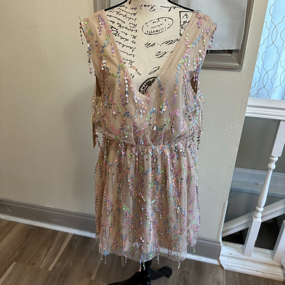 Sequin drip Nude dress: Southern Fried Chicks Boutique. Size Large